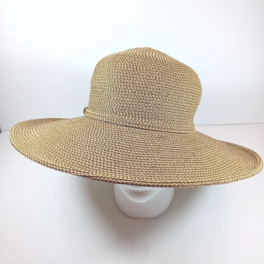 Nine West Wide Brim Sun Hat Bronze Gold Metallic Woven Straw Floppy Summer